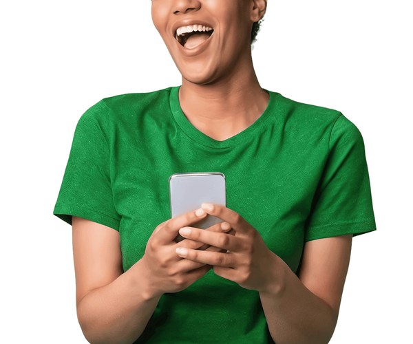 Happy woman holding phone with rising credit score ad image