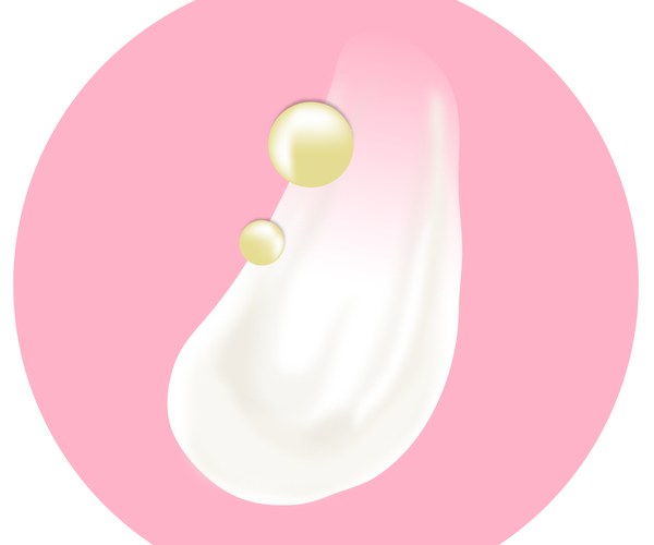 Illustration of a swatch/goop of moiturizer underneath a few drops of B-Goldi. ad image