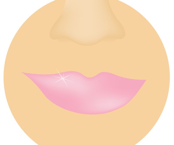 Illustration of a pair of pink lips with a bit of B-goldi dabbed in the center for a pearly glow. ad image