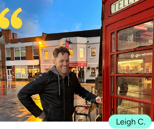 point.me member Leigh C. at a classic London phone booth ad image