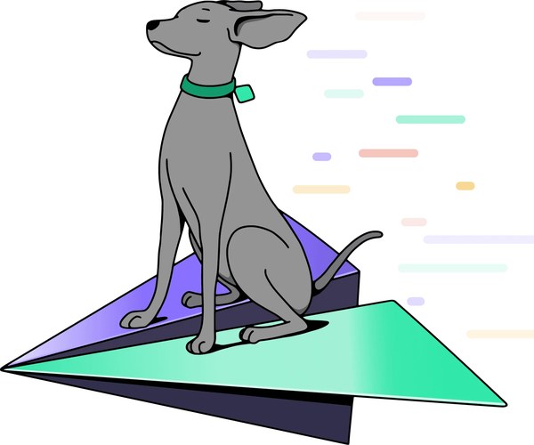 Illustration of a grey pointer dog wearing a green collar, sitting attentively on a large paper airplane with purple and mint green colors, against a background ad image